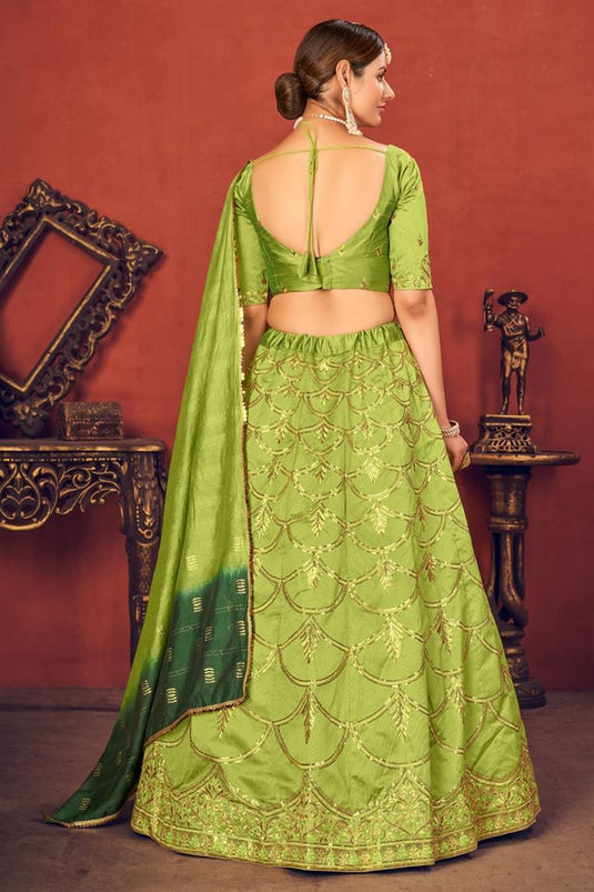 Green Color Wedding Wear Art Silk Fabric Embroidered Lehenga Choli