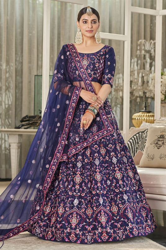 Silk Fabric Navy Blue Color Superior Wedding Wear Lehenga