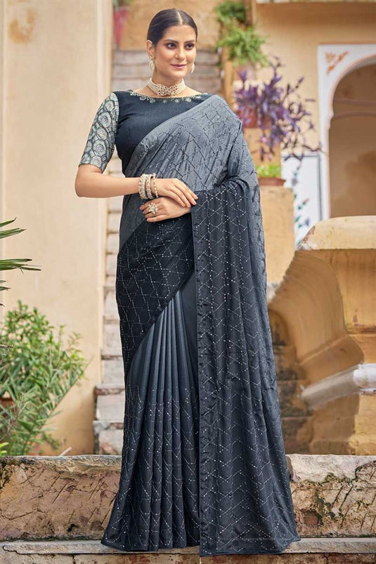 Sequins Work Chinon Fabric Luminous Saree In Grey Color