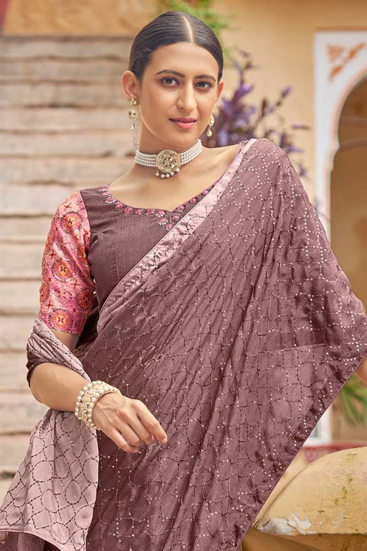 Sequins Work Pink Color Gleaming Saree In Chinon Fabric