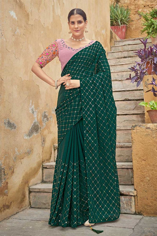 Sequins Work Chinon Fabric Enticing Saree In Dark Green Color