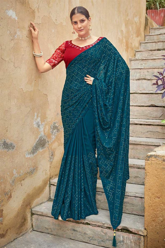 Teal Color Sequins Work Chinon Fabric Splendid Saree