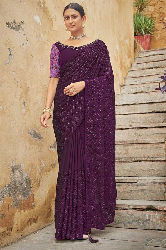 Sequins Work Wine Color Wonderful Saree In Chinon Fabric