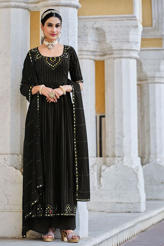 Black Georgette Palazzo Suit with Embroidered Work