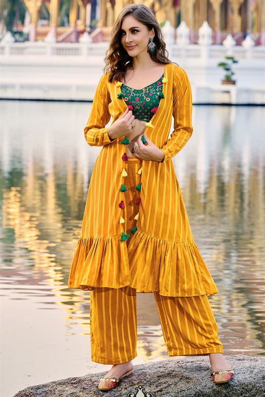 Marvellous Georgette Fabric Party Look Palazzo Suit With Koti In Yellow Color