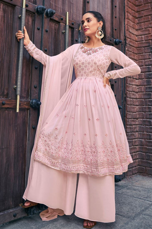 Georgette Fabric Captivating Pink Color Readymade Palazzo Suit