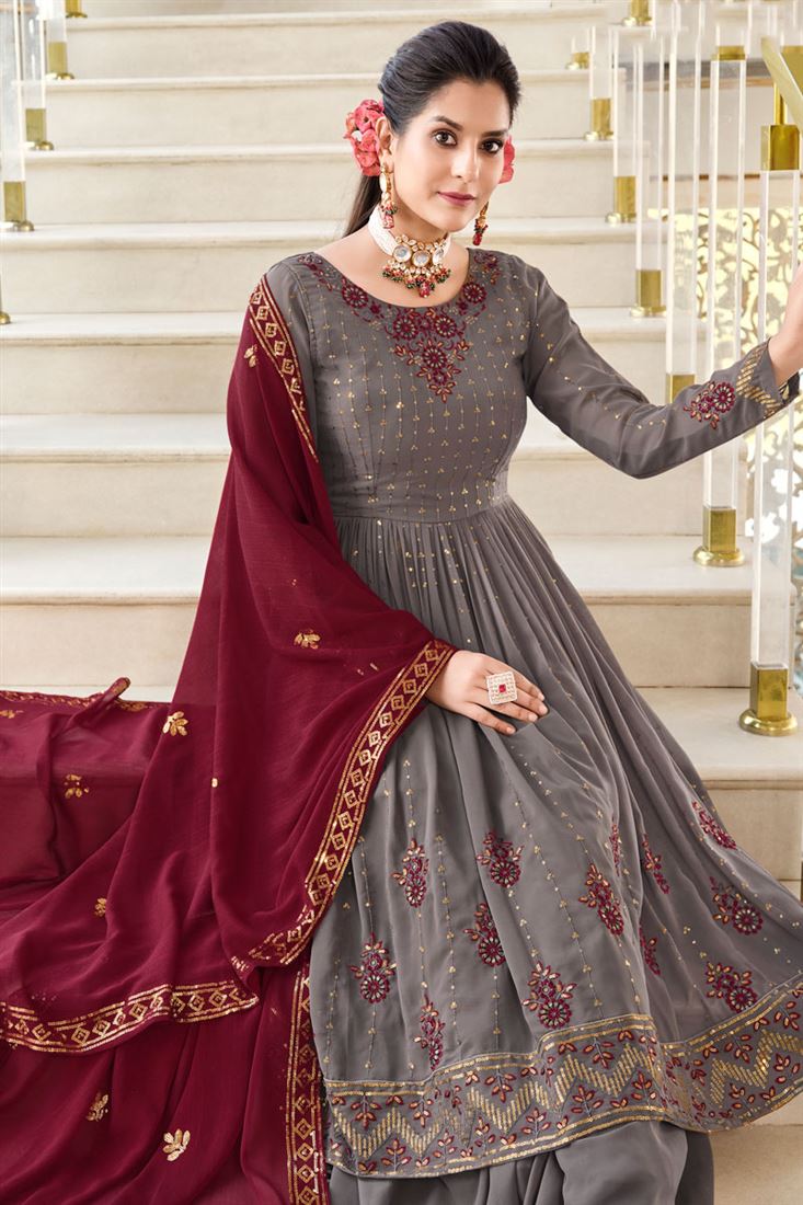 Charming Grey Color Georgette Fabric Readymade Palazzo Suit