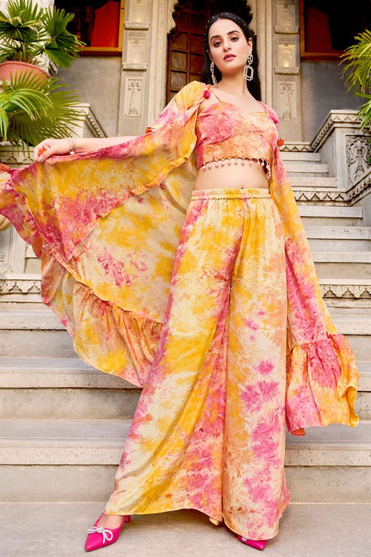 Yellow Color Solid Art Silk Readymade Palazzo Suit With Koti