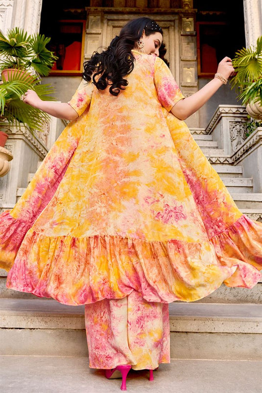 Yellow Color Solid Art Silk Readymade Palazzo Suit With Koti