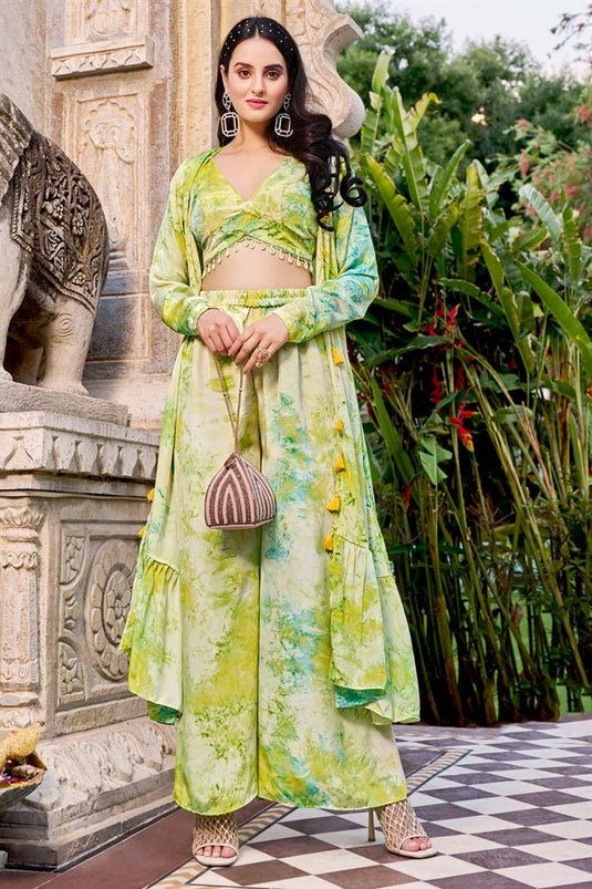 Superior Art Silk Readymade Palazzo Suit With Koti In Sea Green Color