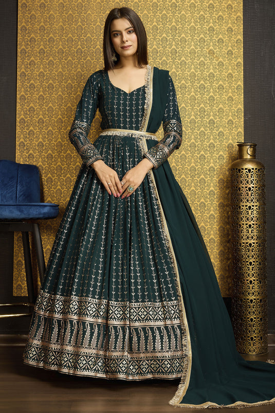 Glorious Function Wear Green Color Foil Work Georgette Readymade Gown With Dupatta