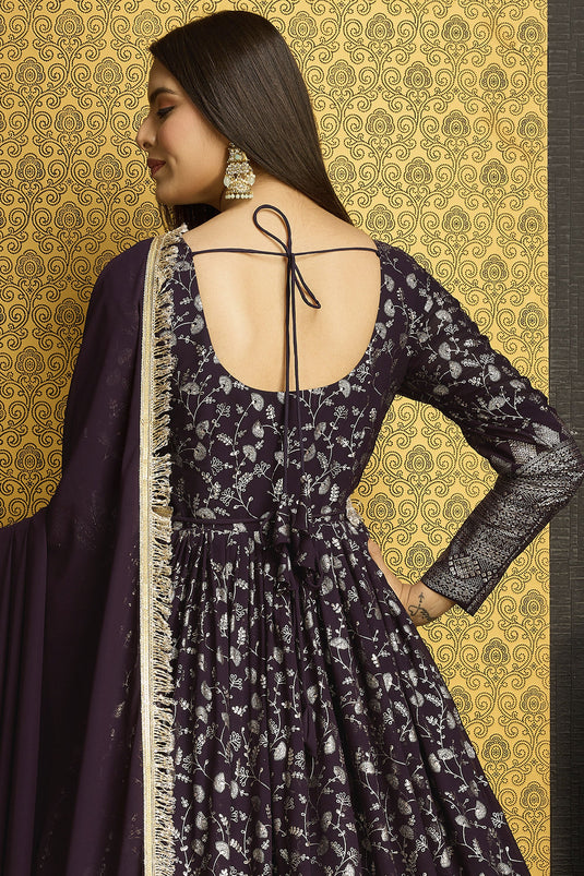 Attractive Function Wear Purple Color Foil Work Georgette Readymade Gown With Dupatta