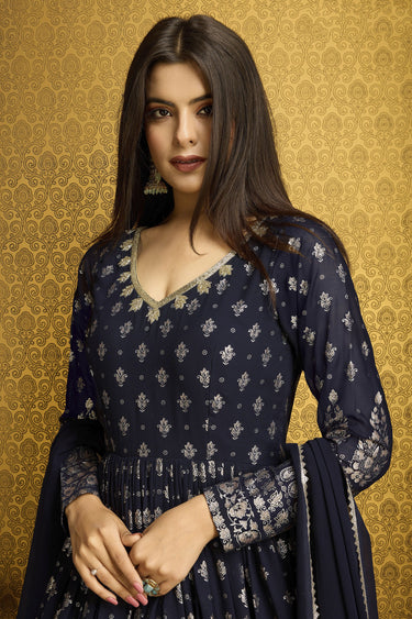 Radiant Navy Blue Color Function Wear Foil Work Georgette Readymade Gown With Dupatta