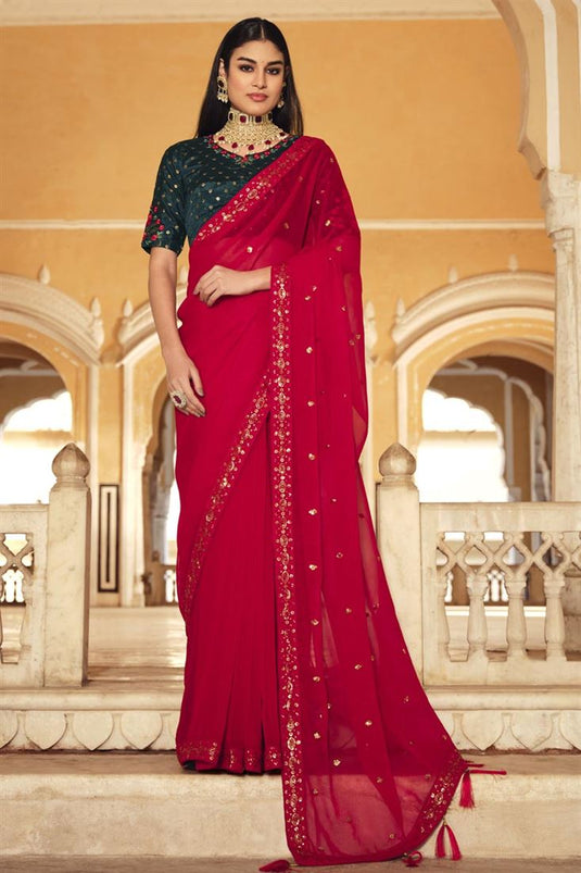 Sequins Work Captivating Chinon Fabric Saree In Red Color