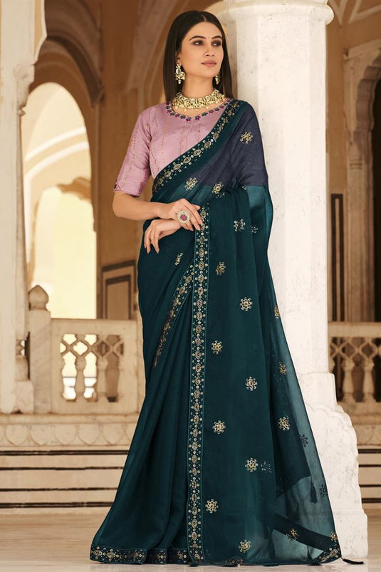 Sequins Work Awesome Chinon Fabric Saree In Teal Color