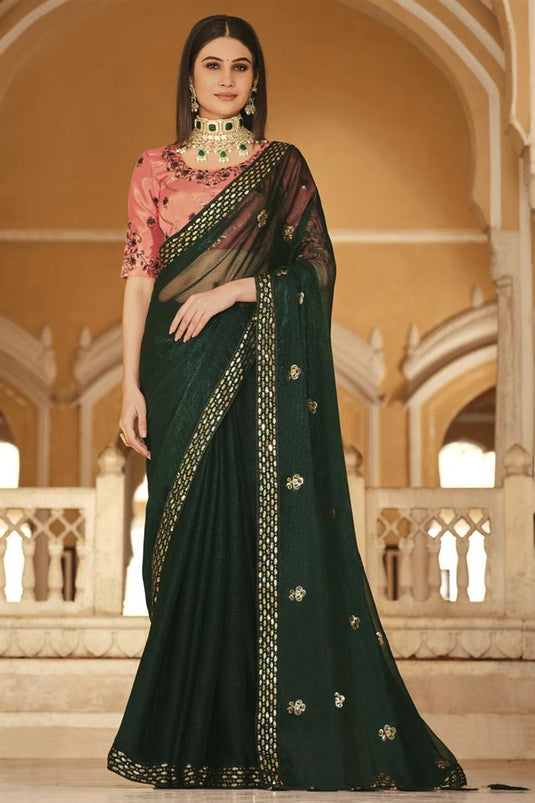 Appealing Sequins Work Chinon Fabric Saree In Dark Green Color
