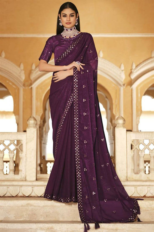 Sequins Work Purple Color Aristocratic Chinon Fabric Saree