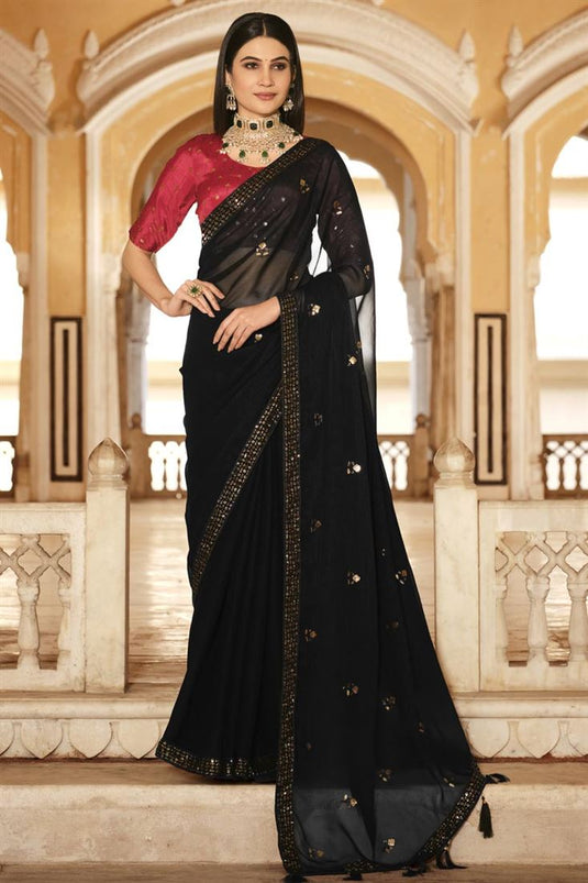 Imperial Black Color Chinon Fabric Sequins Work Saree