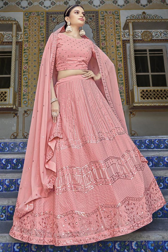 Captivating Sequins Work Pink Color Georgette Fabric Lehenga