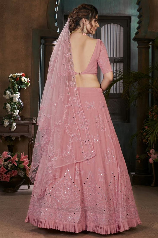 Sangeet Wear Georgette Fabric Pink Color Thread Embroidered Lehenga Choli