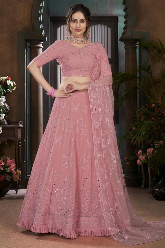 Sangeet Wear Georgette Fabric Pink Color Thread Embroidered Lehenga Choli