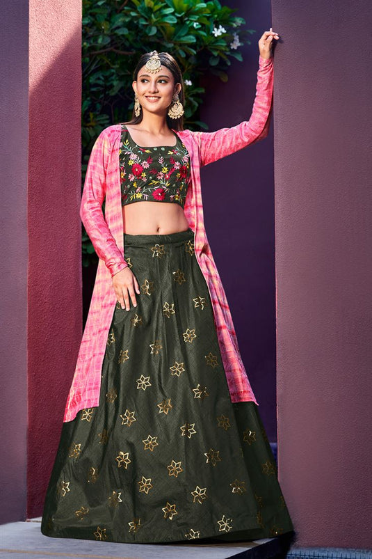 Olive Color Art Silk Fabric Soothing Lehenga Choli With Jacket