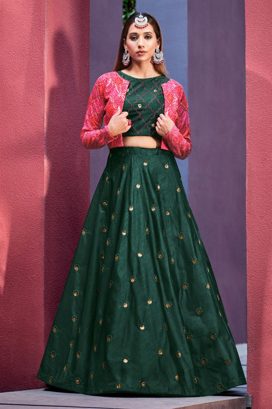 Art Silk Fabric Dark Green Color Attractive Lehenga Choli With Jacket