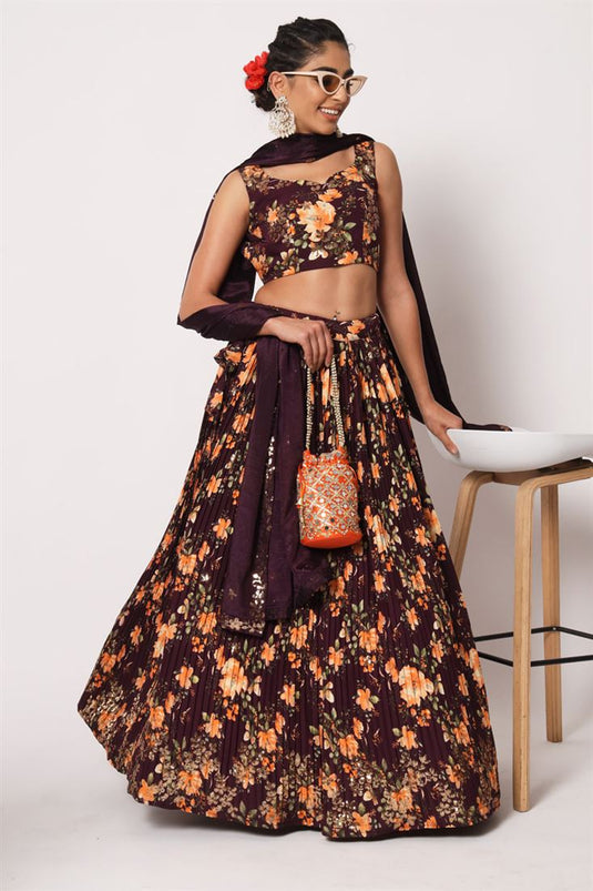 Creative Printed Lehenga In Purple Color Art Silk Fabric