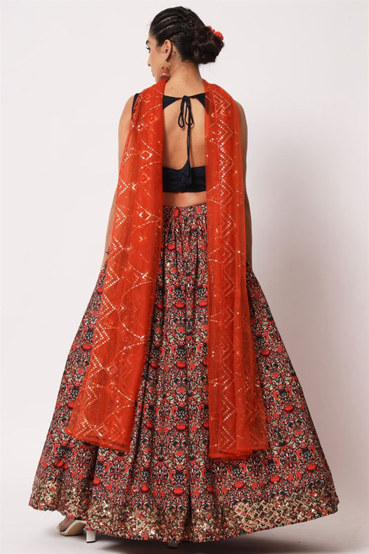 Incredible Art Silk Fabric Navy Blue Color Printed Lehenga