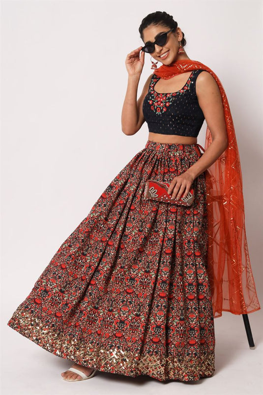 Incredible Art Silk Fabric Navy Blue Color Printed Lehenga