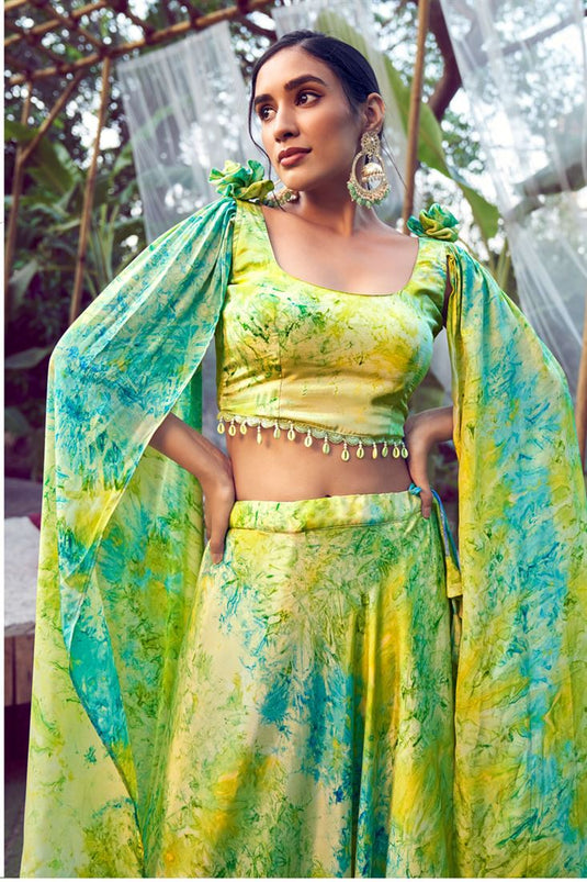 Green Color Silk Fabric Beautiful Party Wear Readymade Printed Lehenga