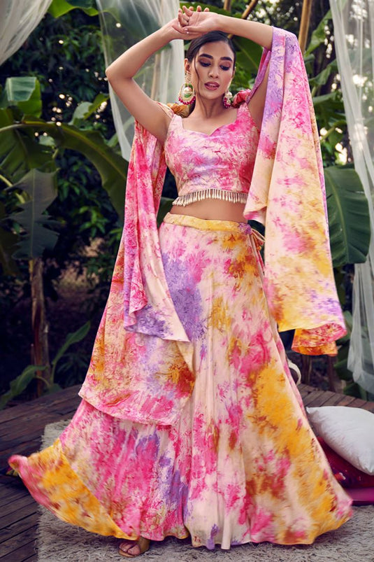 Silk Fabric Purple And Pink Color Glamorous Party Wear Readymade Printed Lehenga