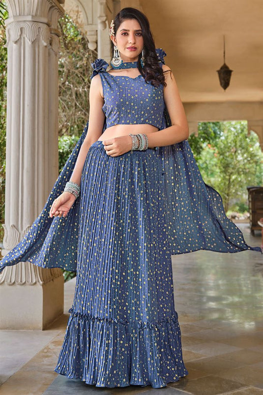 Readymade Georgette Blue Color Lehenga With Shimmering Foil Prints For Functions