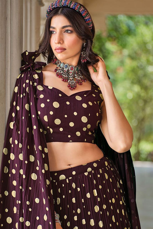 Ready to Shine at Functions Foil Printed Georgette Lehenga In Purple Color