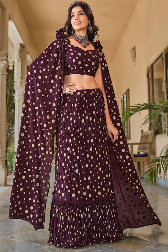 Ready to Shine at Functions Foil Printed Georgette Lehenga In Purple Color