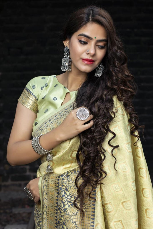 Sangeet Wear Cream Color Art Silk Fabric Fancy Weaving Work Saree