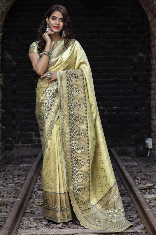 Sangeet Wear Cream Color Art Silk Fabric Fancy Weaving Work Saree