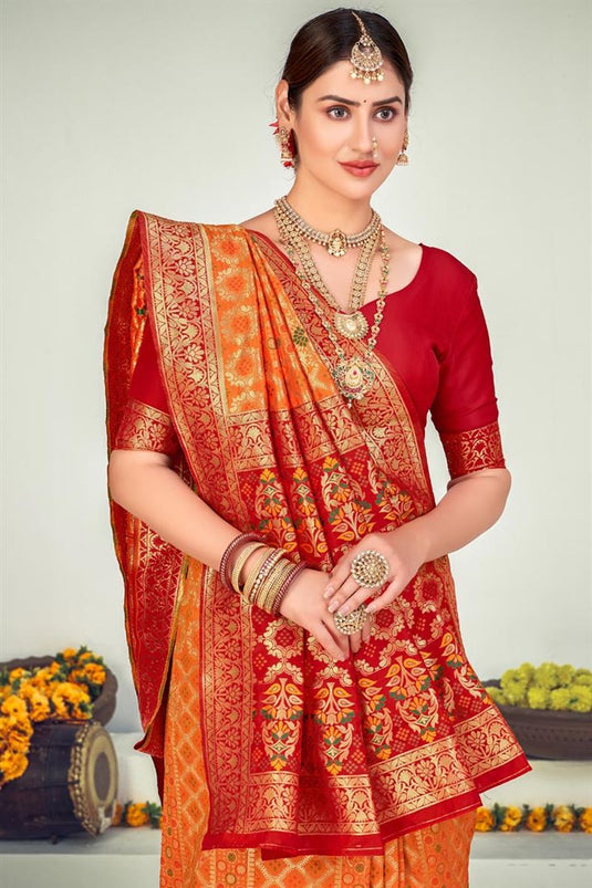 Sangeet Wear Art Silk Weaving Work Saree In Orange Color
