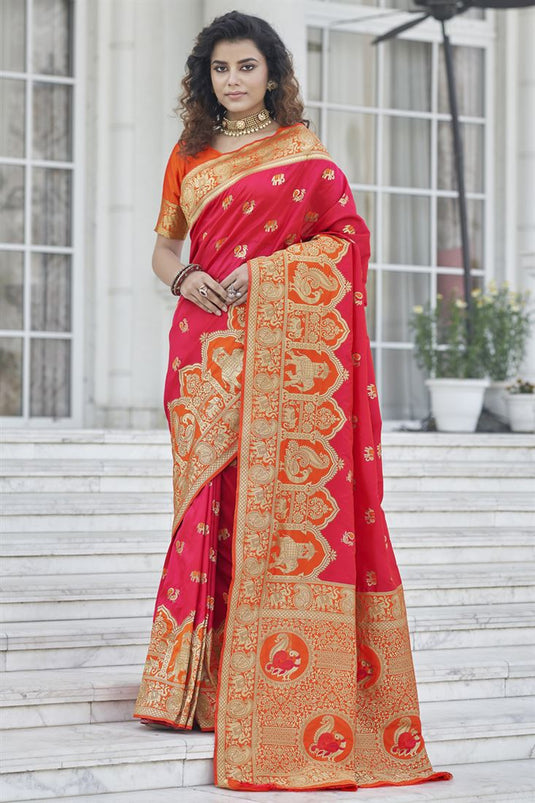 Rani Color Charming Sangeet Wear Art Silk Fabric Saree With Weaving Work