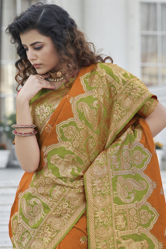 Orange Color Sangeet Wear Art Silk Fabric Elegant Saree With Weaving Work
