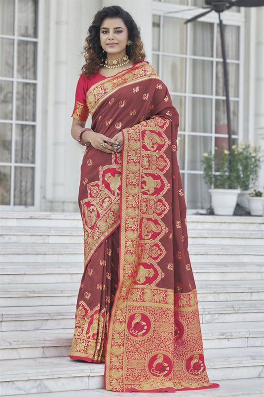 Wine Color Alluring Sangeet Wear Art Silk Fabric Saree With Weaving Work