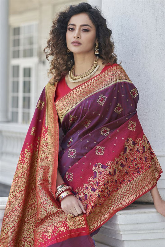 Beautiful Purple Color Sangeet Wear Art Silk Fabric Saree With Weaving Work