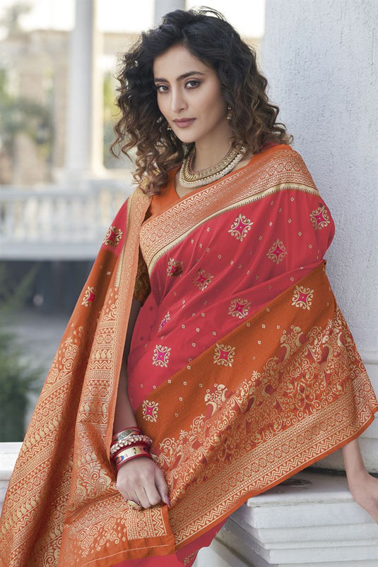 Peach Color Dazzling Sangeet Wear Art Silk Fabric Saree With Weaving Work