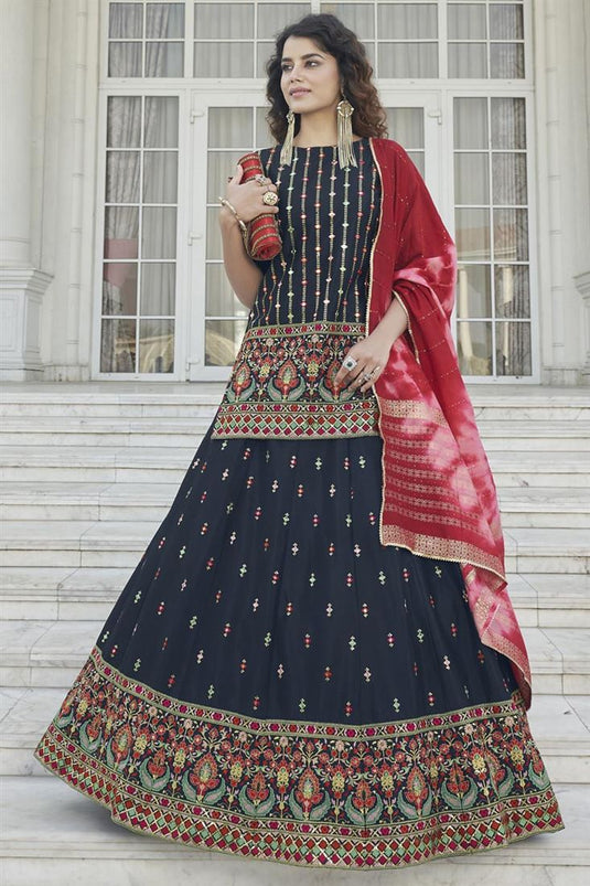 Chinon Fabric Winsome Function Wear Lehenga In Navy Blue Color With Embroidered Work