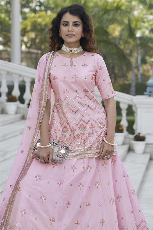 Pink Color Chinon Fabric Function Wear Stylist Lehenga Choli With Embroidered Work