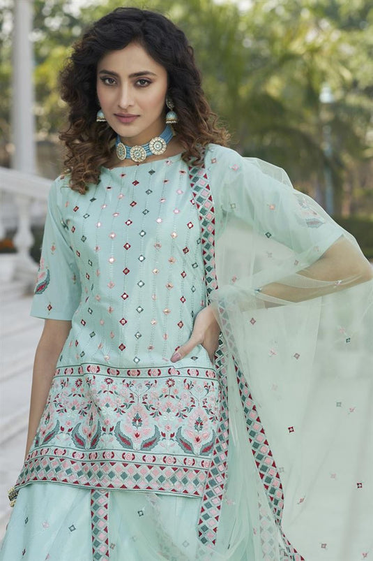 Beguiling Embroidered Work On Light Cyan Color Chinon Fabric Function Wear Lehenga Choli