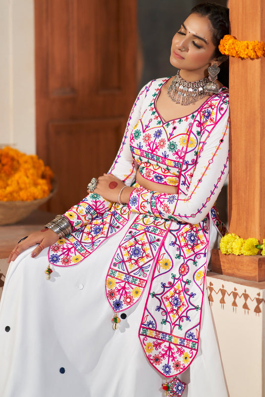 Navratri Special Embroidered Work White Color Rayon Fabric Beatific Readymade Chaniya Choli