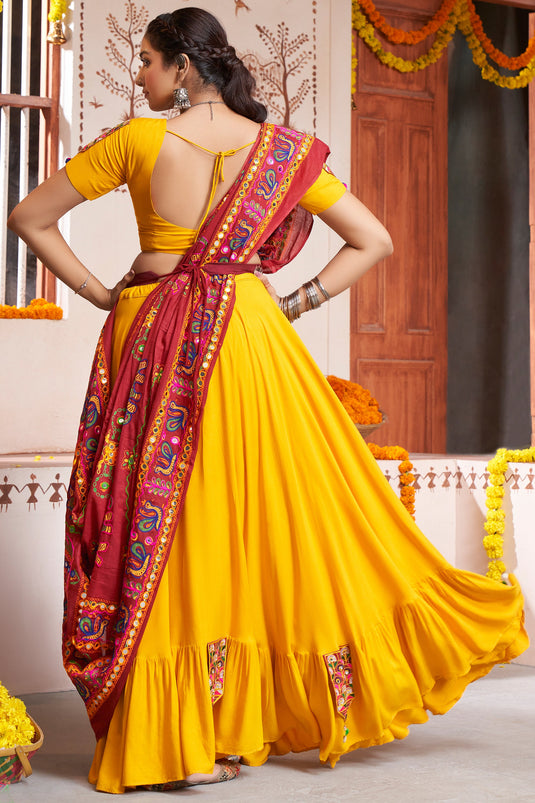 Navratri Special Embellished Yellow Color Embroidered Work Rayon Fabric Readymade Ghagra Choli