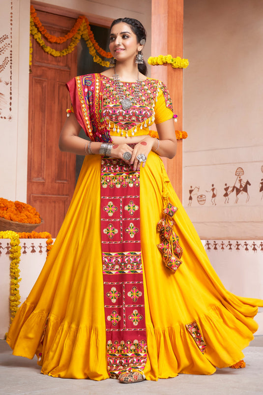 Navratri Special Embellished Yellow Color Embroidered Work Rayon Fabric Readymade Ghagra Choli
