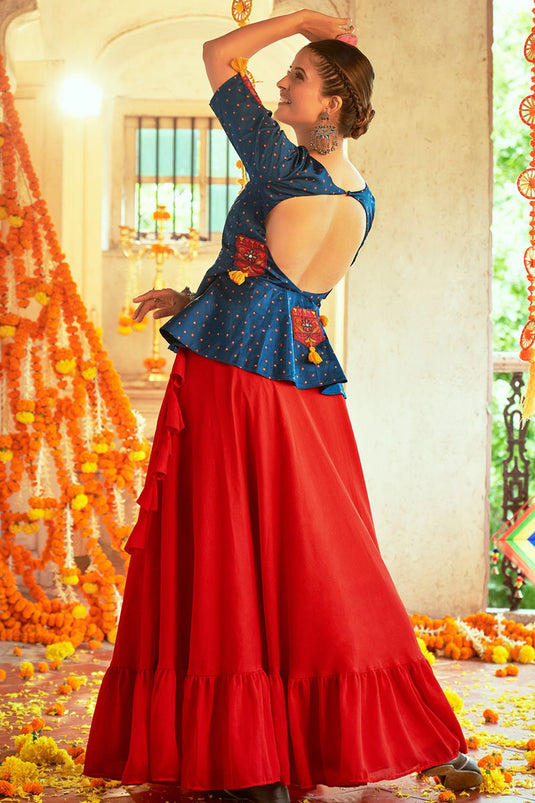 Captivating Art Silk Fabric Navratri Special Top Skirt Set In Red Color